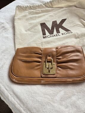 Michael Kors Brown Leather Clutch with Gold Hardware